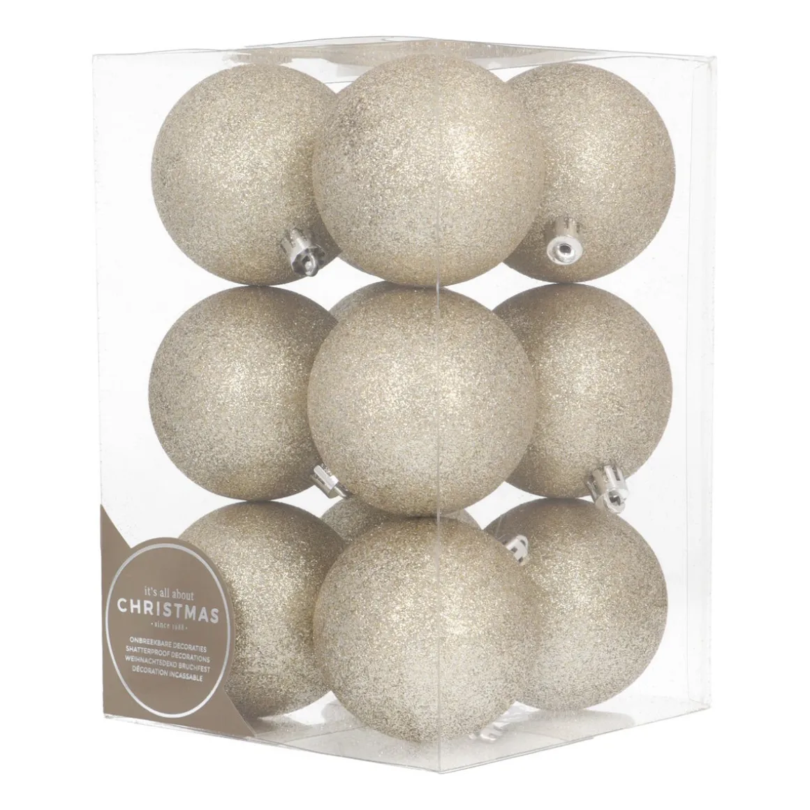 12 Lichtgouden Glitterkerstballen In Handige Box