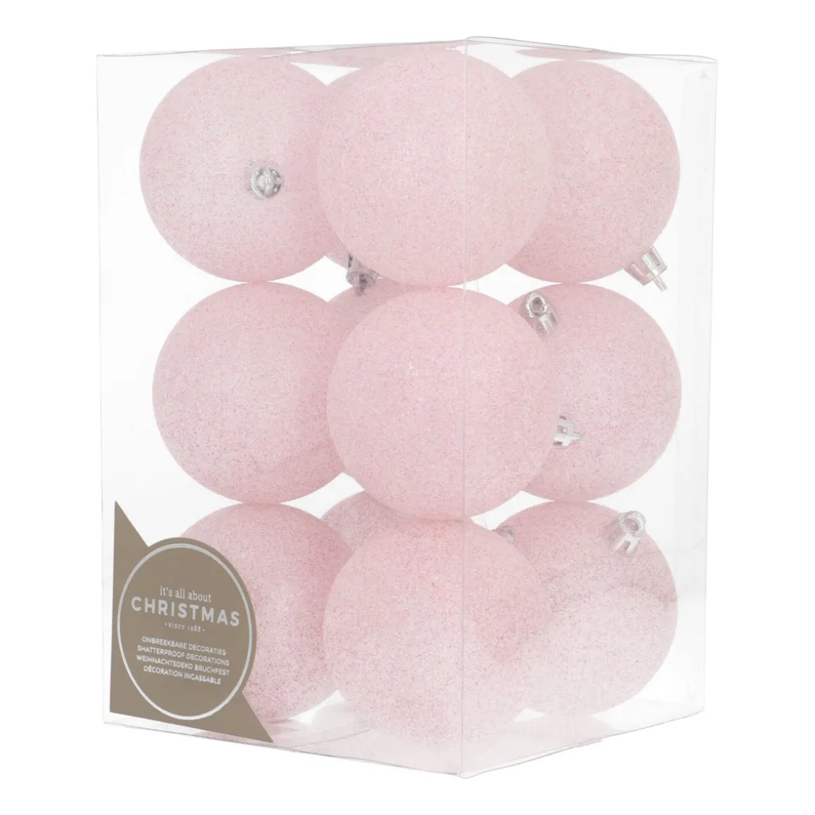 12 Roze Glitterkerstballen In Handige Box