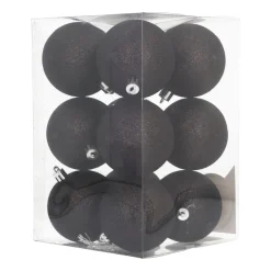 12 Zwarte Glitterkerstballen In Handige Box