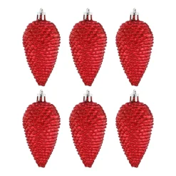 Dennenappels 6 St | Rood | Kunststof | 9 Cm