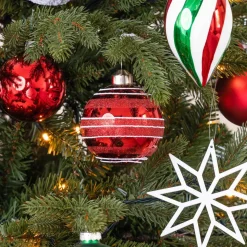 Glazen Kerstbal | Kerstrood Met Lijnen En Glitter | 8 Cm