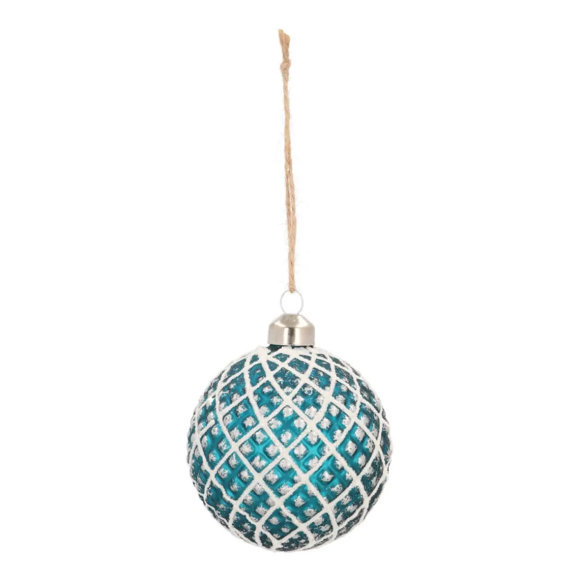 Glazen Kerstbal | Petrol Met Wit Ruitjespatroon| 8 Cm