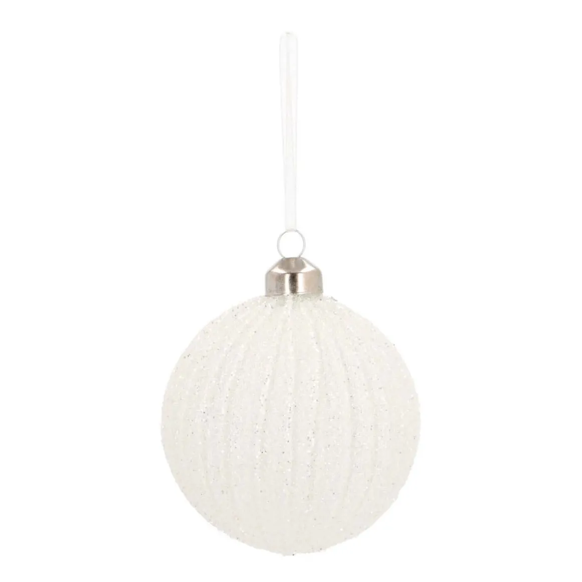 Glazen Kerstbal | Wit Met Glitters En Lijnen | 8 Cm