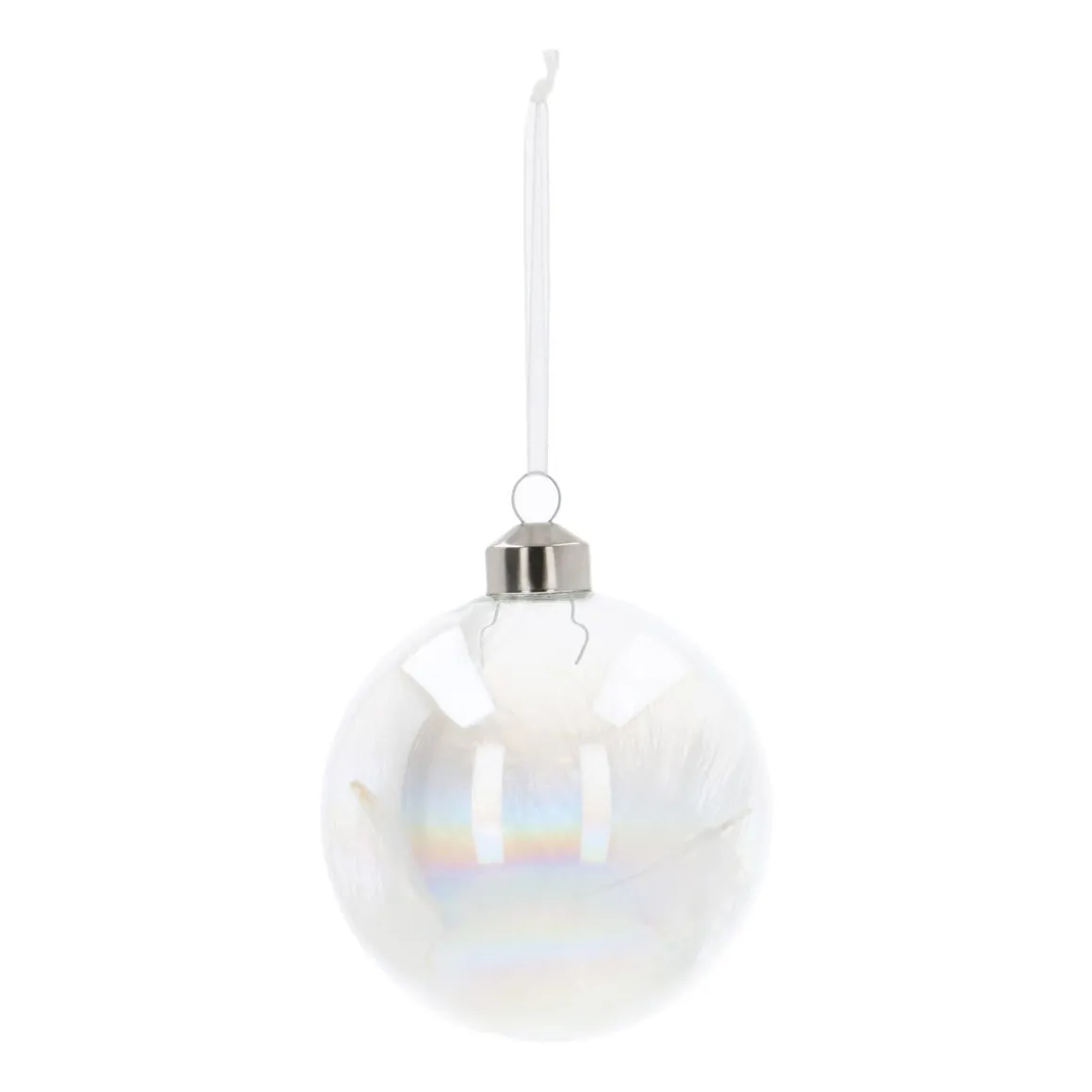 Glazen Kerstbal Gevuld Met Witte Veren | 8 Cm