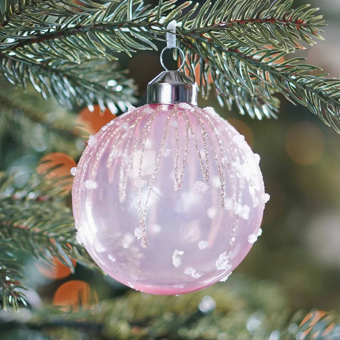 Glazen Kerstbal Met Ijspegels | Roze | 8 Cm