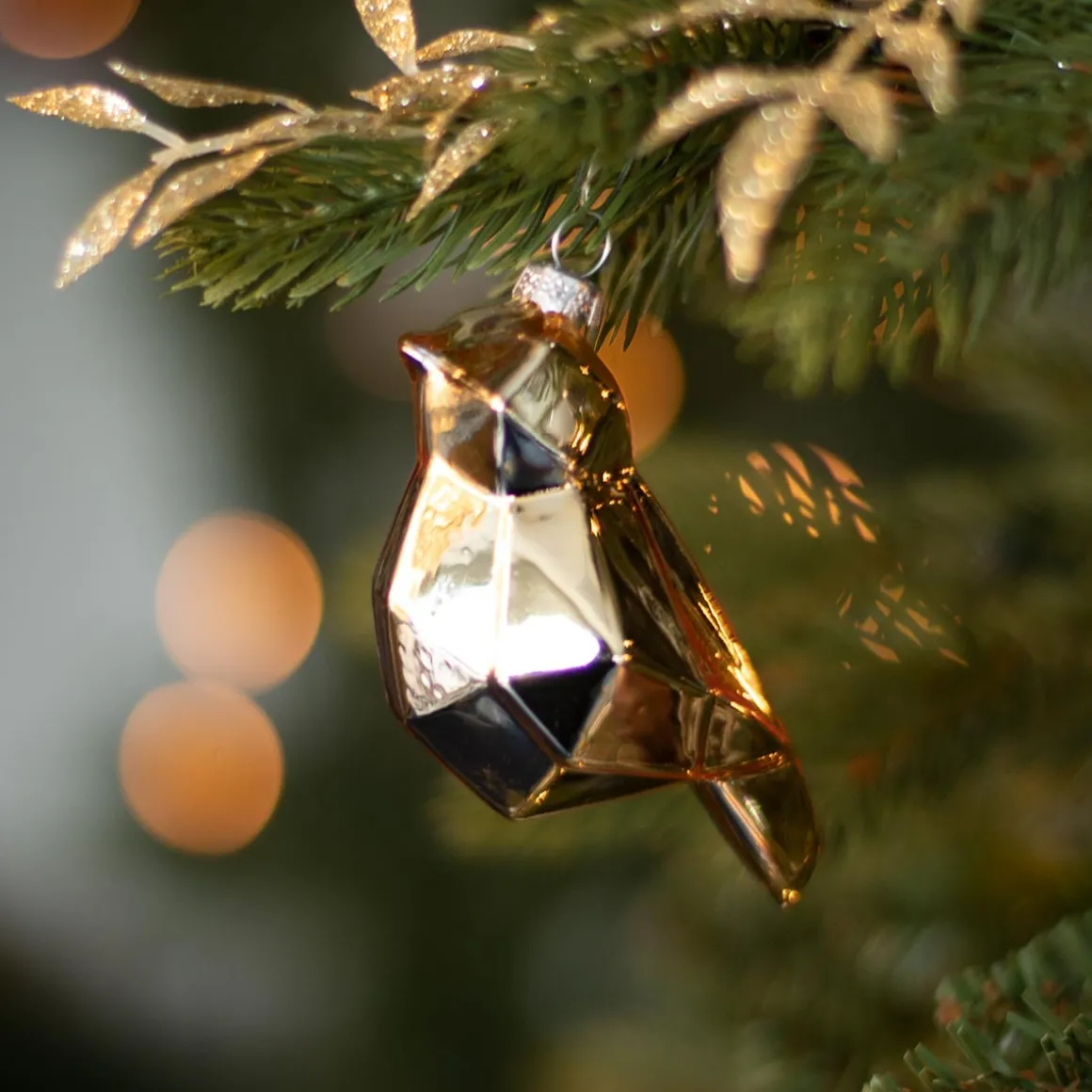 Glazen Kersthanger Geometrische Vogel | Champagne | 9 Cm