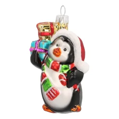 Glazen Kersthanger Pinguïn Met Cadeaus | Multikleur | 9 Cm