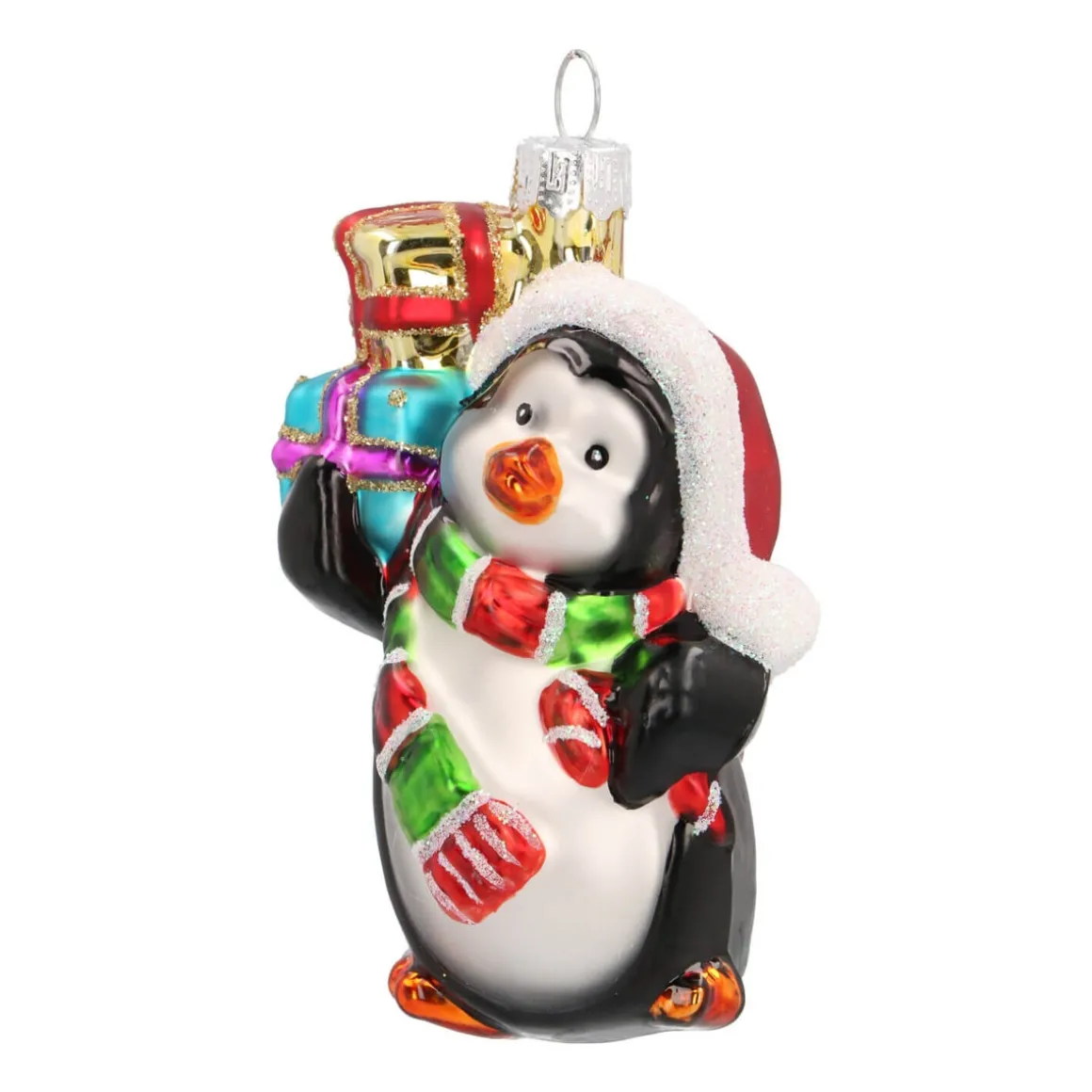 Glazen Kersthanger Pinguïn Met Cadeaus | Multikleur | 9 Cm