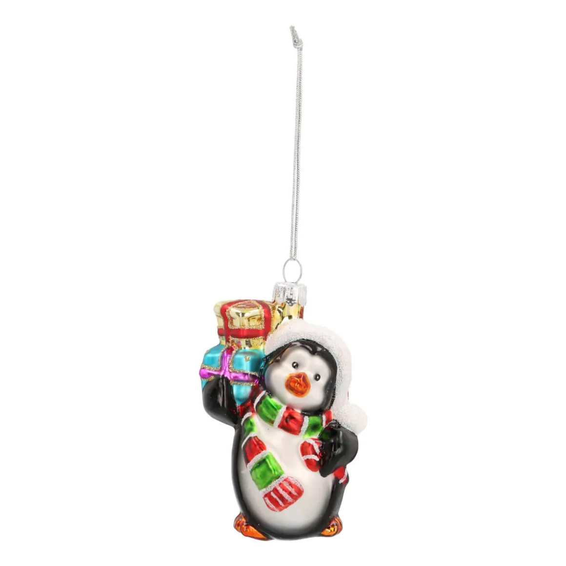 Glazen Kersthanger Pinguïn Met Cadeaus | Multikleur | 9 Cm