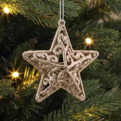 Glitter 3D Kerststerren 8cm Champagne 4 Stuks