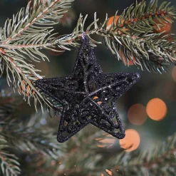 Glitter 3D Kerststerren 8cm Zwart 4 Stuks