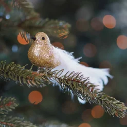 Glittervogel Met Veertjes Op Clip | Lichtgoud | 15 Cm