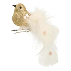 Glittervogel Met Veertjes Op Clip | Lichtgoud | 15 Cm