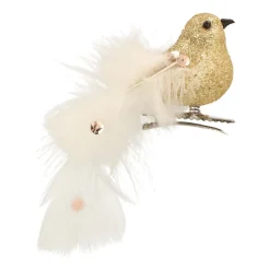 Glittervogel Met Veertjes Op Clip | Lichtgoud | 15 Cm