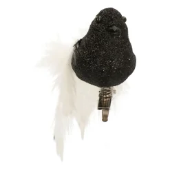 Glittervogel Met Veertjes Op Clip | Zwart | 15 Cm