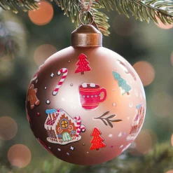 Grafische Kerstbal Met Print | Glas | Taupe | 8 Cm