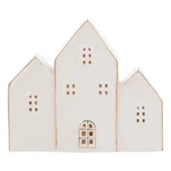 Huizenrij Met Led | Porselein | 13cm Hoog | Wit