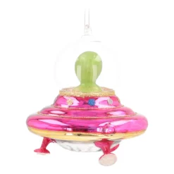 Kersthanger Alien In UFO | Glas | Roze-geel-groen | 12cm