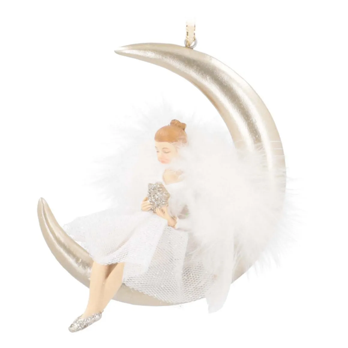 Kersthanger Maan Met Engel | Polyresin | 13cm