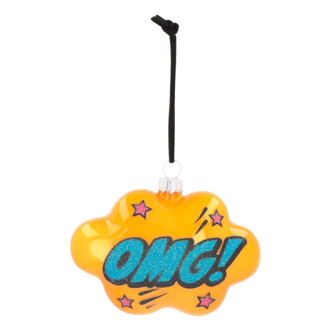 Kersthanger Pop-art Wolk Met Text OMG! | Glas | Okergeel-blauw | 11cm