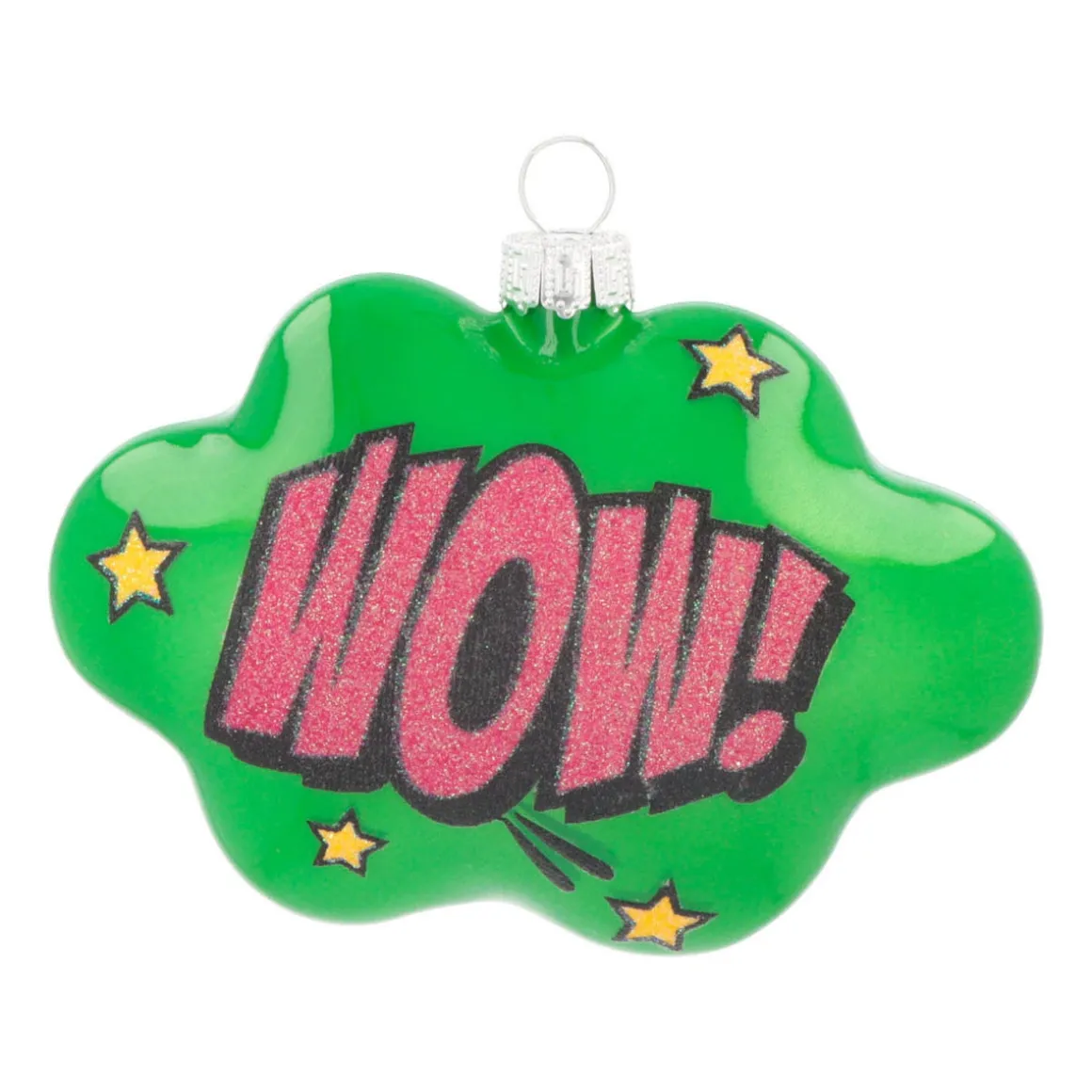 Kersthanger Pop-art Wolk Met Text Wow! | Glas | Groen-roze | 11cm