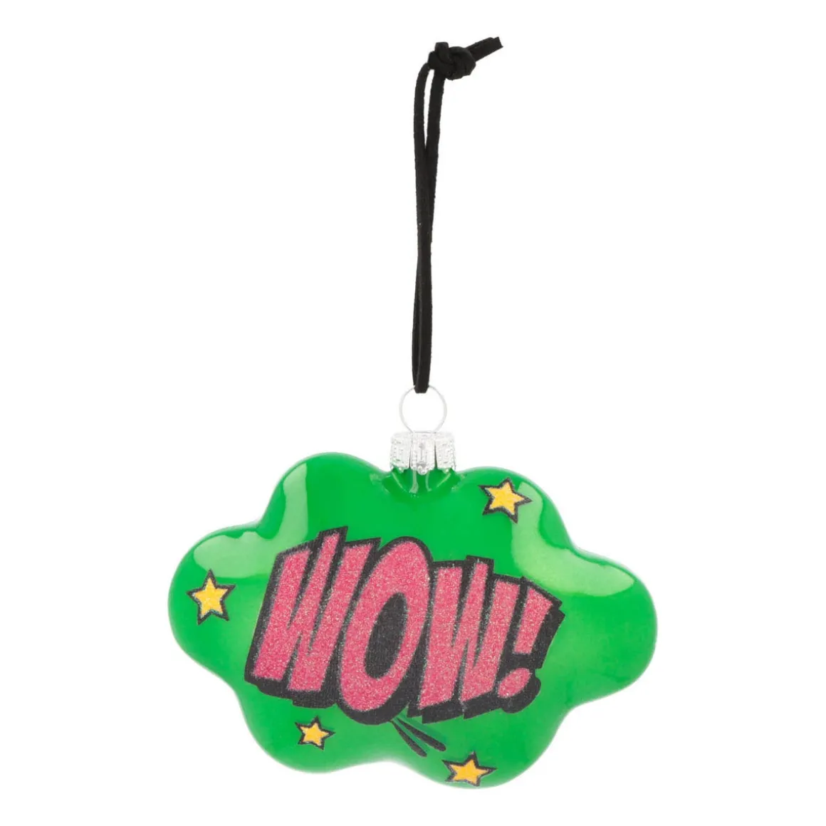 Kersthanger Pop-art Wolk Met Text Wow! | Glas | Groen-roze | 11cm