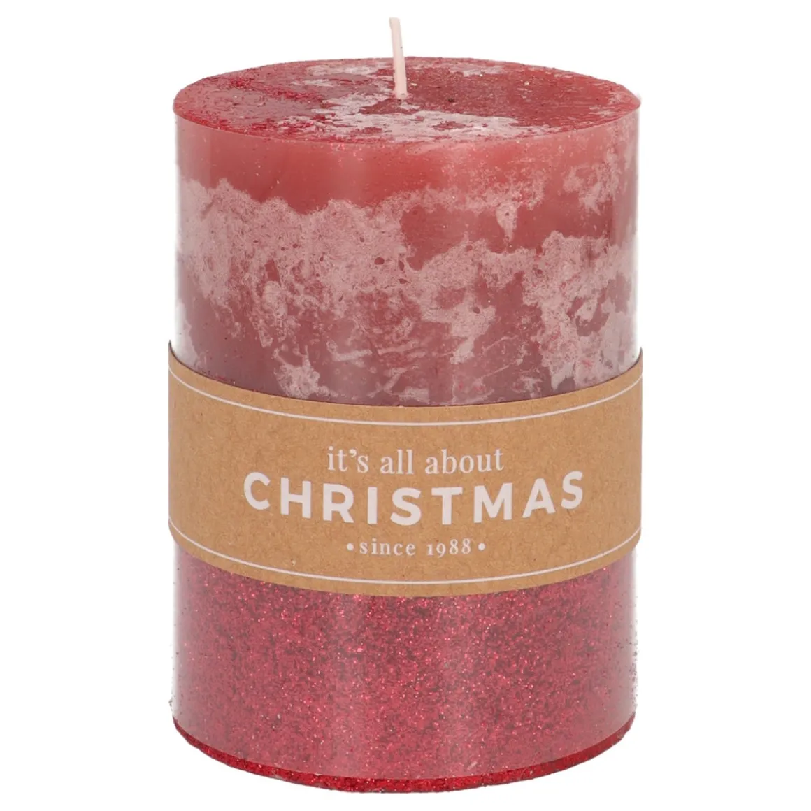 Kerstrode Stompkaars Met Rode Glitter | 10 Cm