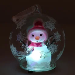 LED Sneeuwman - Glazen Kerstbal - 10cm - Roze