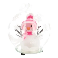 LED Sneeuwman - Glazen Kerstbal - 10cm - Roze