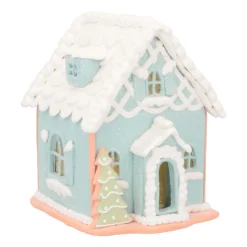 Lichtblauw Peperkoek Huisje | Led | Klei | Handgemaakt | 14cm Hoog