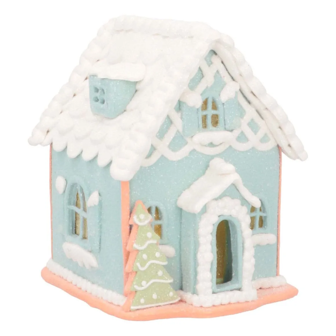 Lichtblauw Peperkoek Huisje | Led | Klei | Handgemaakt | 14cm Hoog