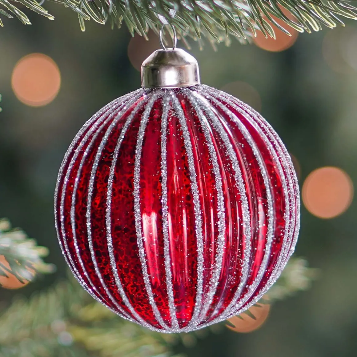 Luxe Glazen Kerstbal Antiek Verticale Strepen 8 Cm Rood