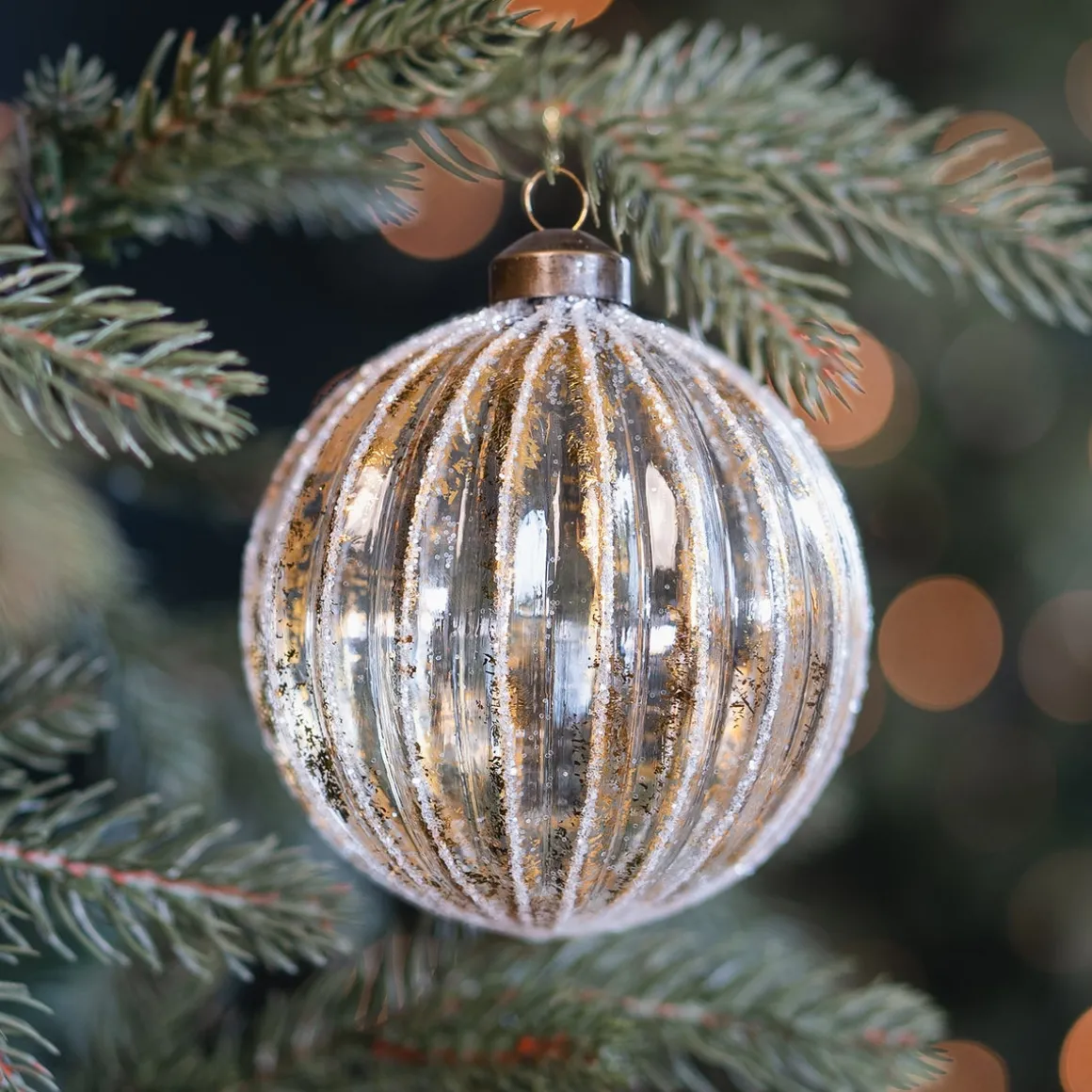 Luxe Kerstbal Bladgoud Met Witte Strepen | Glas | Transparant-Goud | 10cm