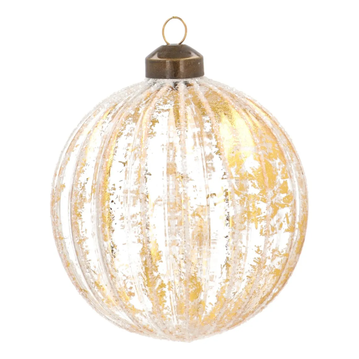 Luxe Kerstbal Bladgoud Met Witte Strepen | Glas | Transparant-Goud | 10cm