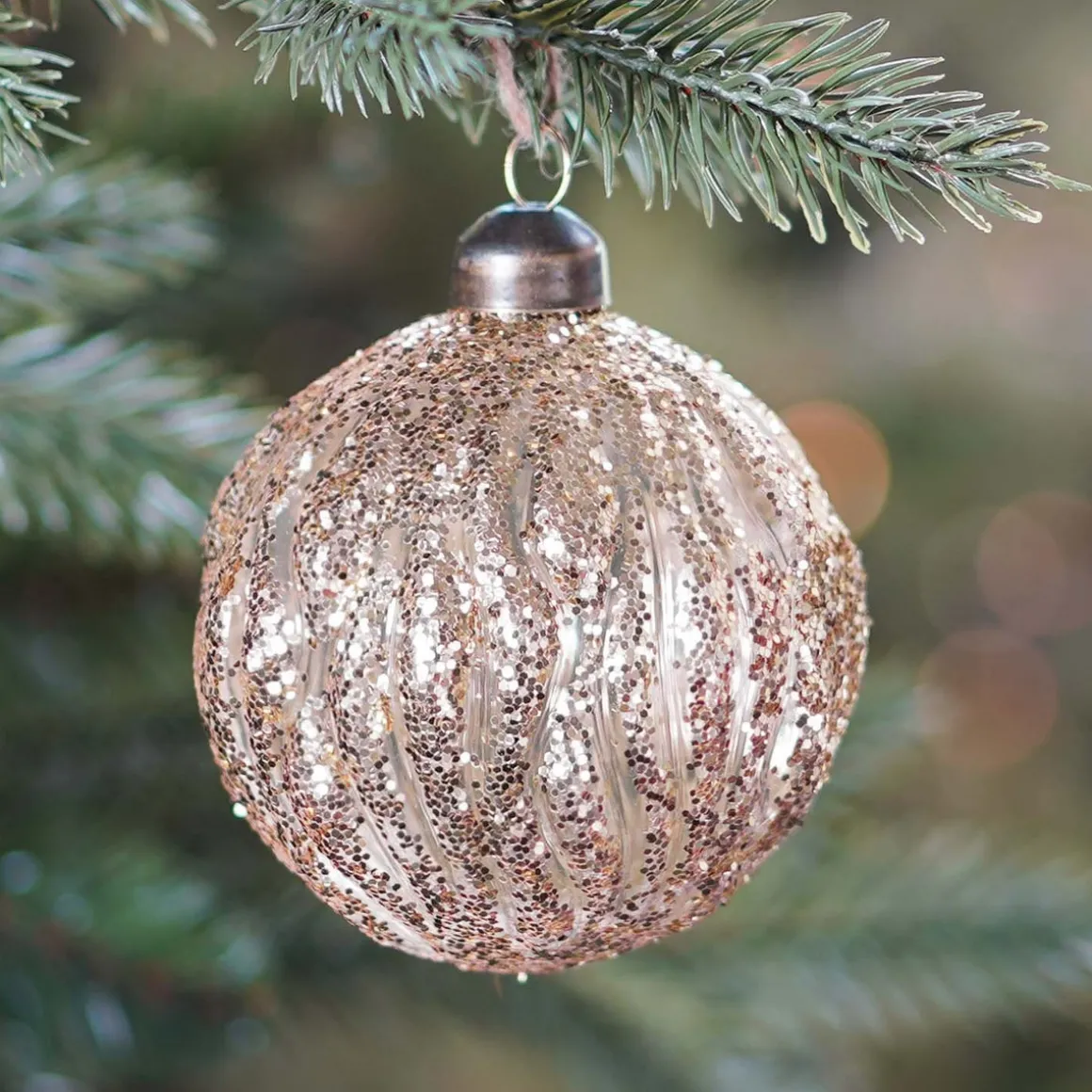 Luxe Kerstbal Doorzichtig Met Glitterstrepen | Brons | Glas | 8cm