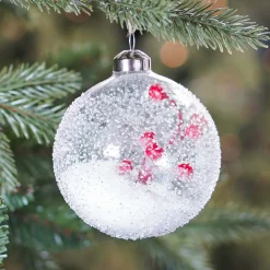 Luxe Kerstbal Frost Effect Met Bessentak | Transparant | Glas | 10cm