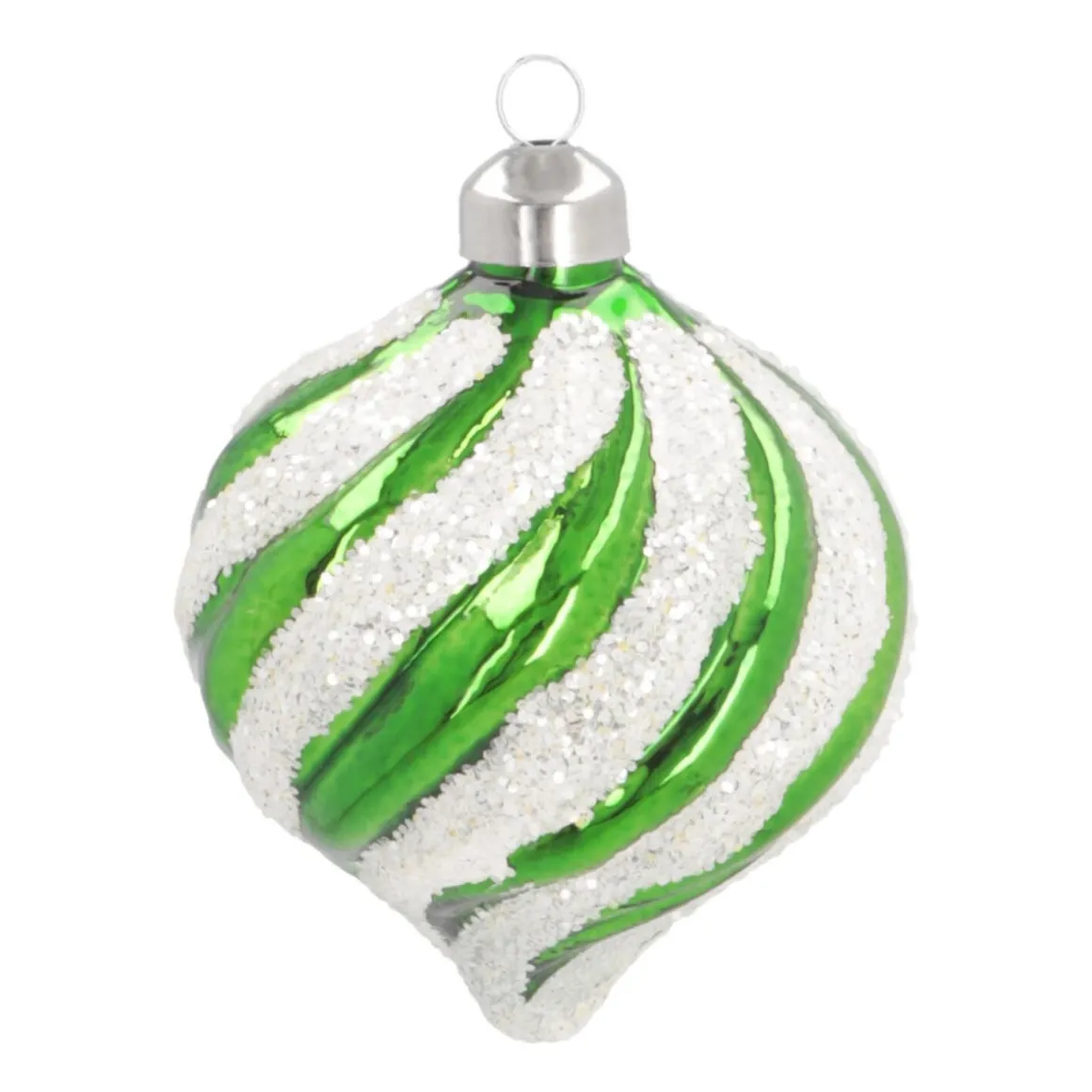 Luxe Kerstbal Ui-vorm Met Swirl | Glas | Groen-wit | 8cm