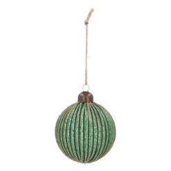 Luxe Kerstbal Verticaal Relief Met Glitter | Glas | Groen-goud | 8cm