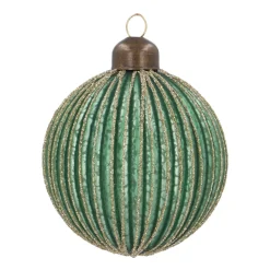 Luxe Kerstbal Verticaal Relief Met Glitter | Glas | Groen-goud | 8cm