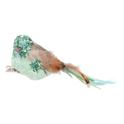 Luxe Vogel Op Clip | Teal-blauw | Echte Veren | 16cm