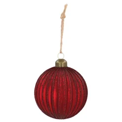 Matte Rode Craquelé Kerstbal Met Glitterlijnen