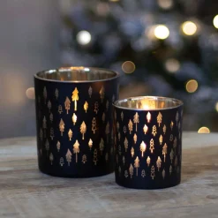 Waxinelichthouder Met Kerstboompjes | Glas | 8cm | Zwart-goud
