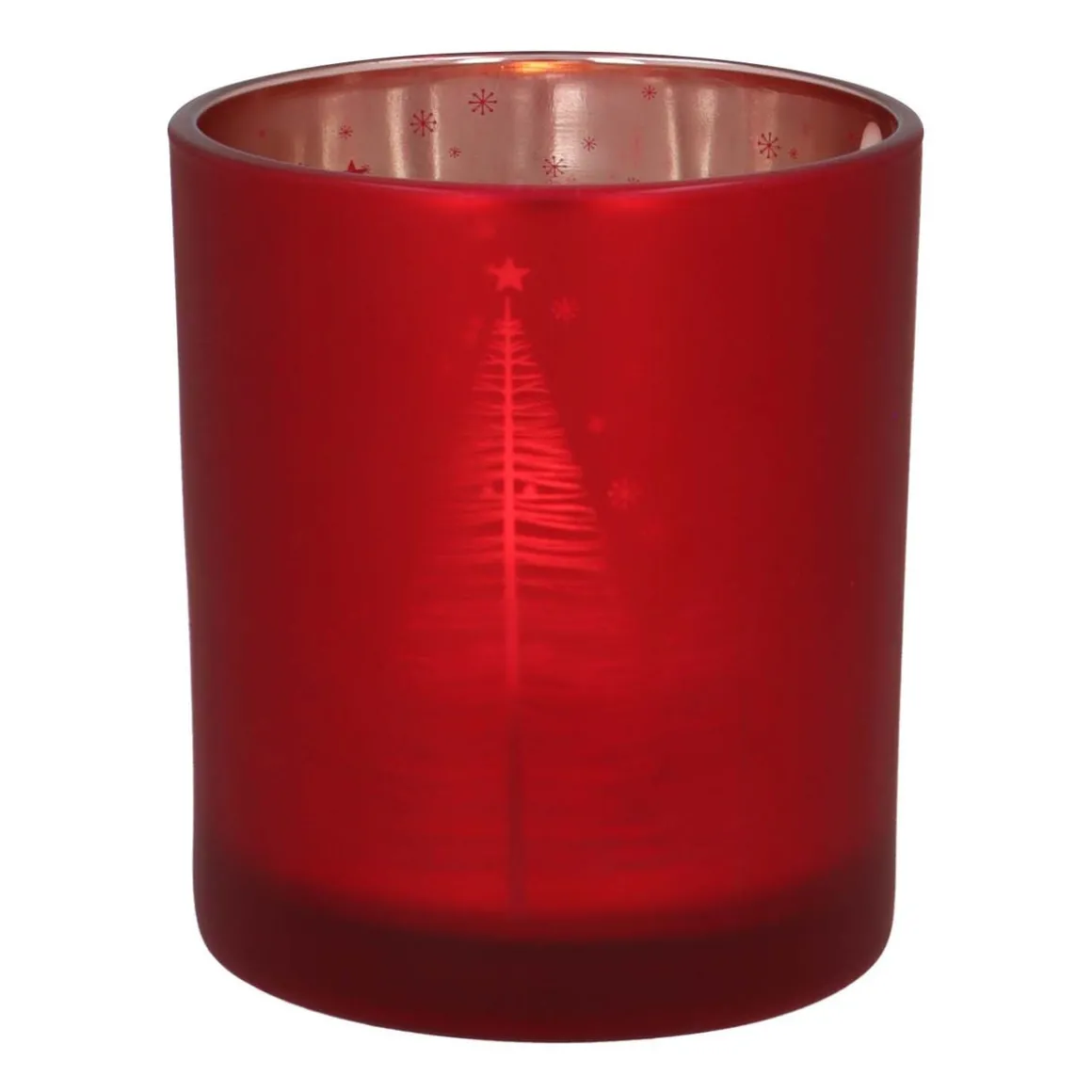 Waxinelichthouder Met Kerstbomen | Glas | 8cm | Rood