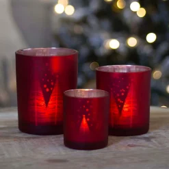 Waxinelichthouder Met Kerstbomen | Glas | 10cm | Rood