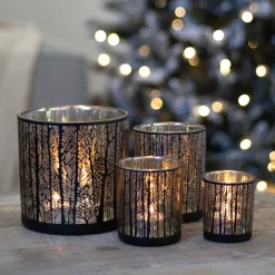 Waxinelichthouder Met Silhouet Van Bos | Glas | Zwart-goud | 8cm