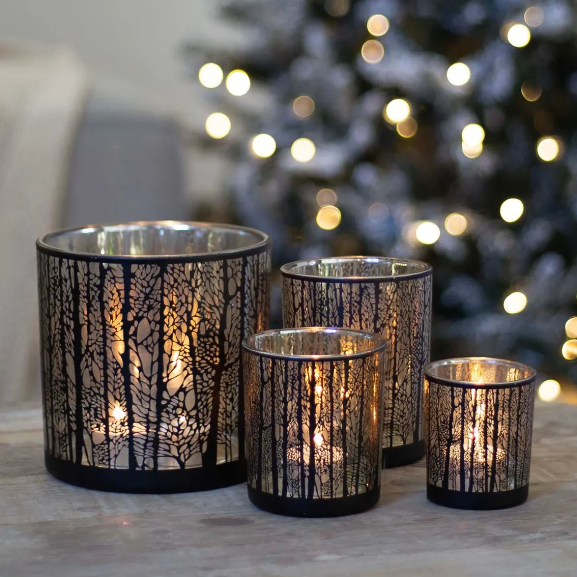 Waxinelichthouder Met Silhouet Van Bos | Glas | Zwart-goud | 10cm