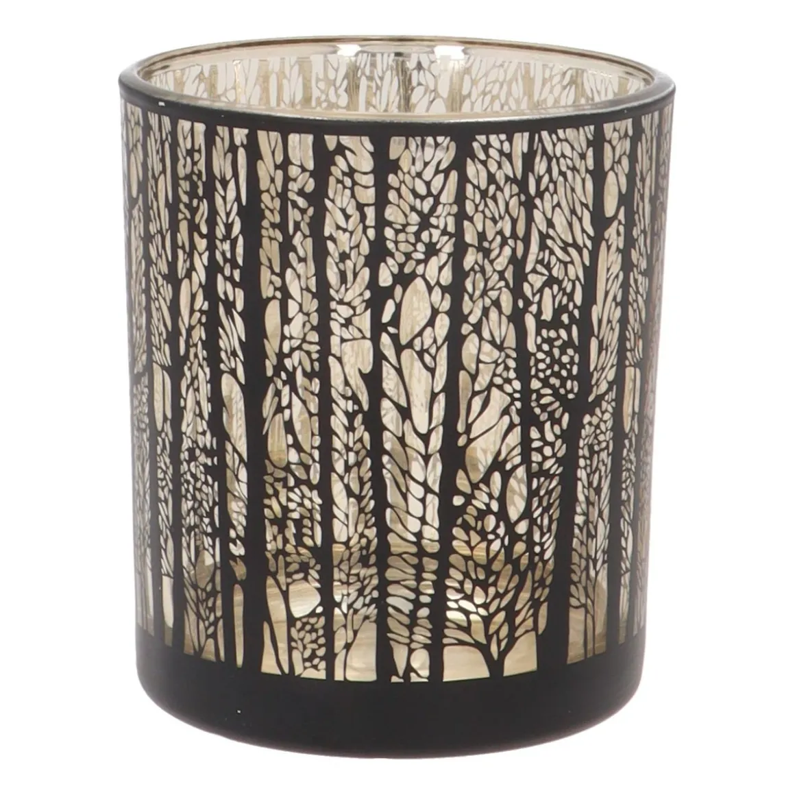 Waxinelichthouder Met Silhouet Van Bos | Glas | Zwart-goud | 10cm