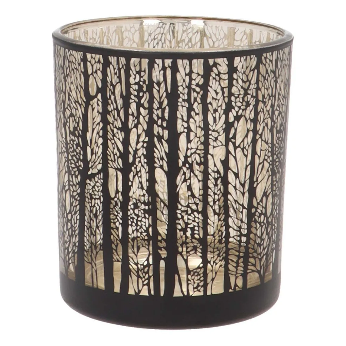 Waxinelichthouder Met Silhouet Van Bos | Glas | Zwart-goud | 10cm