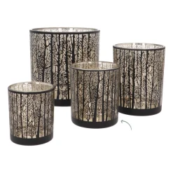 Waxinelichthouder Met Silhouet Van Bos | Glas | Zwart-goud | 10cm