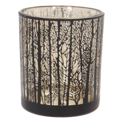 Waxinelichthouder Met Silhouet Van Bos | Glas | Zwart-goud | 10cm